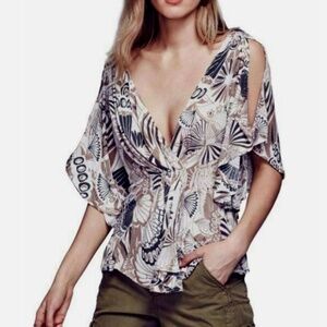 Free People Women's Tan Brown Green  Amour Abstract Floral Printed Top MEDIUM